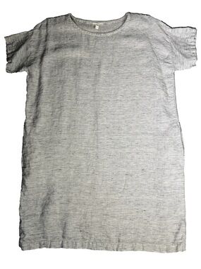 Eileen Fisher Shift Dress White w/Beige Short Sleeve 100% Organic Linen Pocket